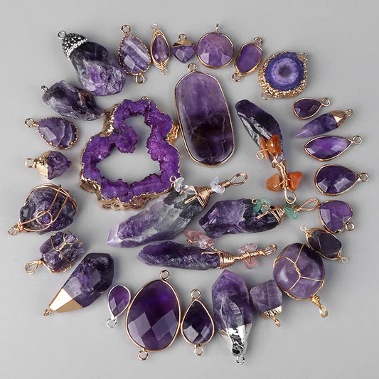Natural Purple Stone Amethysts Slice Pendant Quartz Crystal Irregular Charm for Handmade Jewelry Making Necklace Earring Diy