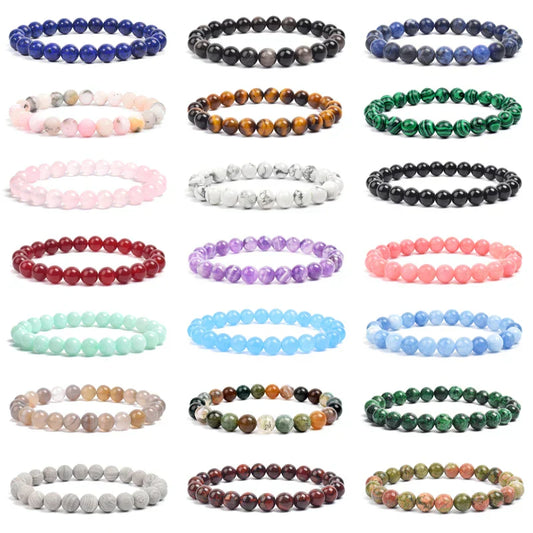 Natural Stone Beads Bracelet – Amethyst, Quartz, Aquamarine & Jade Elastic Bangle for Men & Women